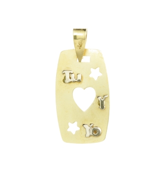 COLGANTE MEDALLA ORO BICOLOR ORO 18 KILATES RECTANGULARES TU Y YO CORAZÓN Y ESTRELLAS CALADAS 10X19 MILÍMETROS