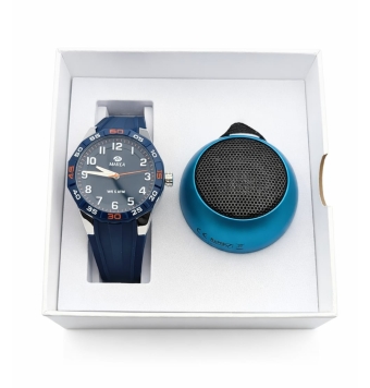 PACK RELOJ ANALÓGICO MAREA NIÑO COMUNIÓN CAJA ACERO 38 MILÍMETROS BISEL AZUL CON DETALLES EN NARANJA CORREA SILICONA AZUL ALTAVO
