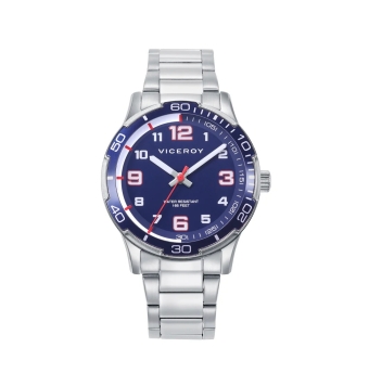 PACK RELOJ VICEROY ANALÓGICO NIÑO COMUNIÓN CAJA ACERO 36 MILÍMETROS BISEL ALUMINIO ESFERA AZUL DETALLES ROJOS CADENA ACERO PULSE