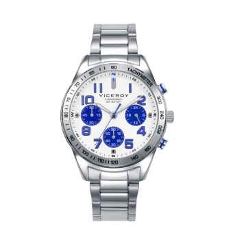 PACK RELOJ VICEROY CRONÓGRAFO NIÑO COMUNIÓN CAJA ACERO 37 MILÍMETROS  ESFERA BLANCA CON DETALLES AZULES CORREA ACEROPULSERA PIEL