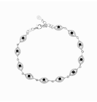 PULSERA MUJER PLATA DE LEY 925 BAÑO DE RODIO ESLABÓN OJO TURCO CIRCONITAS PIEDRA NEGRA 6X11 MILÍMETROS LARGO 17+3 CENTÍMETROS