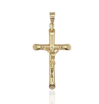 COLGANTE CRUZ COMUNIÓN NIÑO ORO AMARILLO 18 KILATES TUBO REDONDO EXTREMOS REBAJADOS 3X19X30 MILÍMETROS CON CRISTO