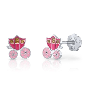 PENDIENTES LAPETRA NIÑA PLATA DE LEY 925 CARROZA ESMALTE EN COLOR ROSA Y FUCSIA 7X7 MILÍMETROS CIERRE ROSCA