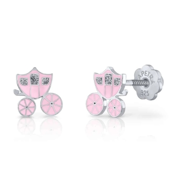 PENDIENTES LAPETRA NIÑA PLATA DE LEY 925 CARROZA ESMALTE EN COLOR ROSA PALO 7X7 MILÍMETROS CIERRE ROSCA