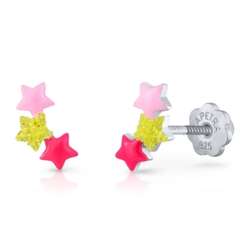 PENDIENTES LAPETRA PLATA DE LEY 925 TRES ESTRELLAS EN TRES COLORES ESMALTE ROSA FUCSIA Y AMARILLO EN PURPURINA 9X5 MILÍMETROS