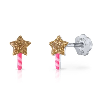 PENDIENTES LAPETRA PLATA DE LEY 925 VARITA MÁGICA ESTRELLA ESMALTE ROSA Y ESTRELLA EN AMARILLO CON PURPURINA 8X5 MILÍMETROS CIER