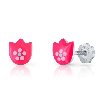 PENDIENTES LAPETRA PLATA DE LEY 925 TULIPÁN ESMALTE FUCSIA 7X6 MILÍMETROS CIERRE ROSCA