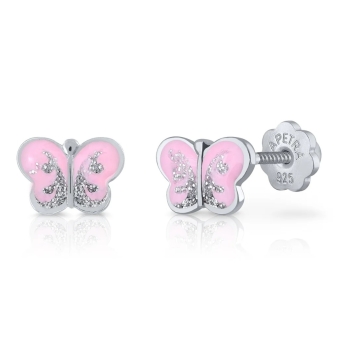 PENDIENTES LAPETRA PLATA DE LEY 925 MARIPOSA ESMALTE ROSA Y PURPURINA PLATEADA 8X5 MILÍMETROS CIERRE ROSCA
