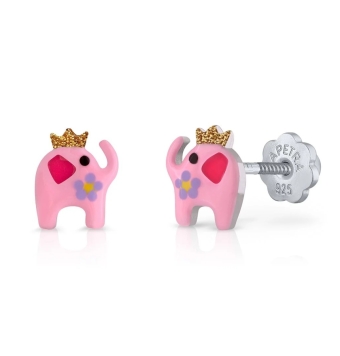 PENDIENTES LAPETRA PLATA DE LEY 925 ELEFANTE ESMALTE ROSA Y FUCSIA CON CORONA AMARILLA EN PURPURINA 7X7 MILÍMETROS CIERRE ROSCA