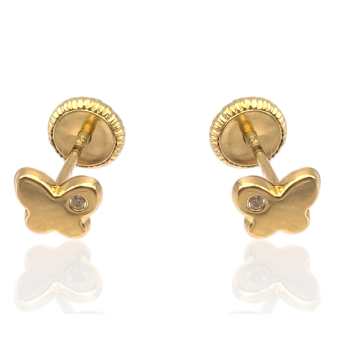 PENDIENTES BEBÉ/NIÑA ORO AMARILLO 18 KILATES FORMA DE MARIPOSA LISA CON 1 CIRCONITA 4.5X5.5 MILÍMETROS CIERRE TORNILLO