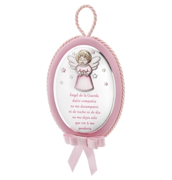 MEDALLÓN PLATA BILAMINADA 8.5X12 CENTÍMETROS MUSICAL ROSA FRASE ÁNGEL DE LA GUARDA