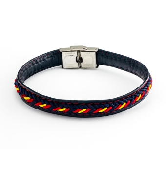 PULSERA HOMBRE COLECCIÓN VIVA ESPAÑA PIEL AZUL MARINO PESPUNTE ROJO Y NYLON EN EL CENTRO AZUL MARINO CON DETALLES BANDERA DE ESP