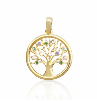 COLGANTE MUJER ORO AMARILLO 18 KILATES REDONDO ÁRBOL DE LA VIDA 19.5 MILÍMETROS CIRCONITAS MULTICOLOR