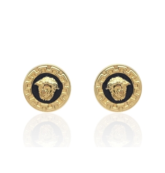 PENDIENTES ORO AMARILLO 18 KILATES REDONDO BORDE GRECA MEDUSA CON ESMALTE NEGRO 15 MILÍMETROS CIERRE PRESIÓN