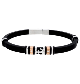 PULSERA LISKA HOMBRE CAUCHO Y ACERO BICOLOR IP BRONCE CON ANCLA EN EL CENTRO 8X6 MILÍMETROS Y DETALLES CON CIRCONITAS BLANCAS LA