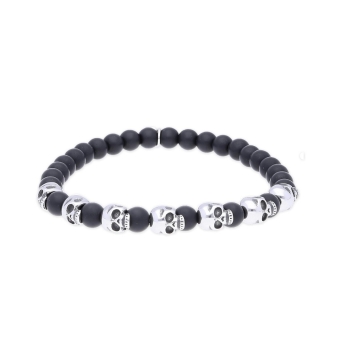 PULSERA LISKA ACERO Y BOLAS NEGRAS ÓNIX 6 MILÍMETROS CON CALAVERAS PULSERA ELASTICA