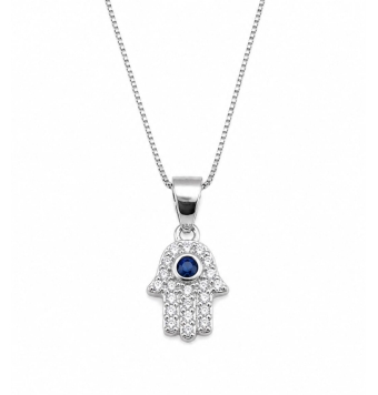 COLLAR PLATA DE LEY 925 MANO DE FATIMA CON PIEDRA AZUL Y CIRCONITAS 13X9 MILÍMETROS LARGO CADENA 40 CENTÍMETROS