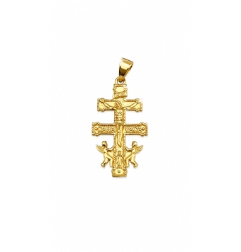 COLGANTE CRUZ DE CARAVACA PLATA DE LEY 925 CHAPADO DORADO CON ÁNGELES 24X14