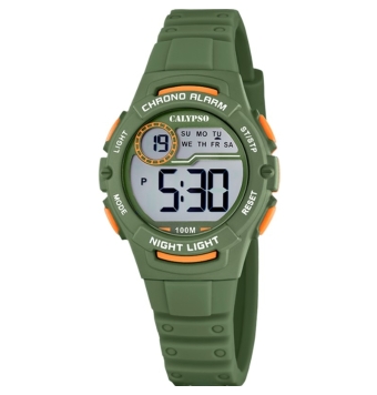 RELOJ CALYPSO DIGITAL NIÑO CAJA RESINA VERDE DETALLES NARANJA 33 MILÍMETROS CORREA CAUCHO VERDE