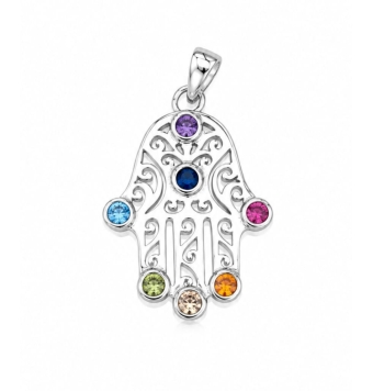 COLGANTE PLATA DE LEY 925 MANO DE FATIMA CON CIRCONITAS MULTICOLOR 23X12 MILÍMETROS
