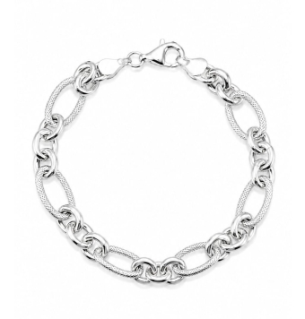 PULSERA MUJER PLATA DE LEY 925 HUECA ESLABONES OVALADOS Y REDONDOS EN BRILLO Y TALLADO ANCHO 8 MILÍMETROS LARGO 21 CENTÍMETROS