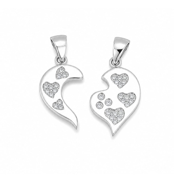 COLGANTES PLATA DE LEY 925 CORAZÓN PARTIDOS DOS MITADES CON CIRCONITAS BLANCAS EN FORMA DE PEQUEÑOS CORAZONES 25X11 Y 25X13 MILÍ