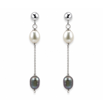 PENDIENTES LARGOS ORO BLANCO 18 KILATES SUJECCIÓN MEDIA BOLA DE ORO BLANCO COLGANTE CADENA CON PERLA BLANCA Y NEGRA. LARO TOTAL