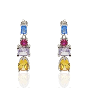 PENDIENTES LARGOS PLACARI MUJER PLATA DE LEY 925 PIEDRAS MULTICOLOR AZUL ROJO MALVA Y AMARILLO LARGO 33 MILÍMETROS CIERRE PRES