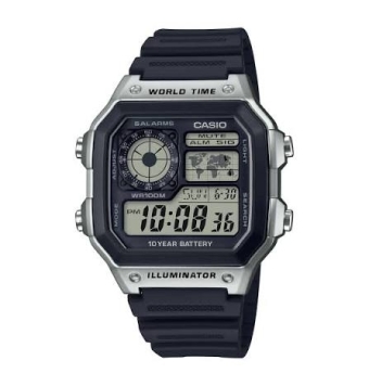 RELOJ CASIO DIGITAL HOMBRE CORREA CAUCHO NEGRA CAJA RESINA PLATEADA 45 × 42.1 × 12.5 mm LUZ LED