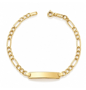 PULSERA ESCLAVA COMUNIÓN ORO AMARILLO 18 KILATES ESLABÓN FÍGARO 4 MILÍMETROS PLACA LISA 5X26 MILÍMETROS LARGO 18 CENTÍMETROS CIE