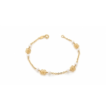 PULSERA NIÑA ORO AMARILLO 18 KILATES ESLABÓN FORZADO 1.5 MILÍMWREOA CUATRO MOTIVOS CUATRÉBOL CIRCONITAS BLANCAS Y 8 PERLAS BLANC