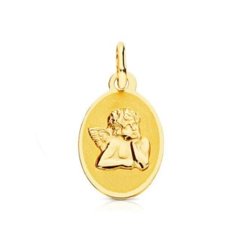 COLGANTE MEDALLA BEBÉ ORO AMARILLO 18 KILATES ÁNGEL DE LA GUARDA OVALADA 10X14 MILÍMETROS MATE/BRILLO