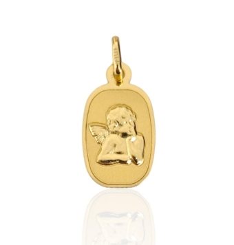 COLGANTE MEDALLA BEBÉ ORO AMARILLO 18 KILATES RECTANGULAR 10X14 MILÍMETROS ÁNGEL DE LA GUARDA MATE CERCO BRILLO