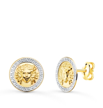 PENDIENTES UNISEX ORO BICOLOR 18 KILATES REDONDOS CON MEDUSA CERCO BLANCO CON GRECA 12 MILÍMETROS CIERRE PRESIÓN (1)