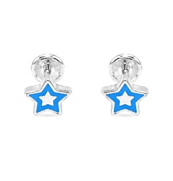PENDIENTES NIÑA PLATA DE LEY 925 ESTRELLA ESMALTE AZUL Y BLANCO 7 MILÍMETROS CIERRE ROSCA