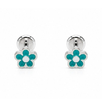 PENDIENTES NIÑA PLATA DE LEY 925 FLOR ESMALTE AZUL Y BLANCO 6 MILÍMETROS CIERRE ROSCA