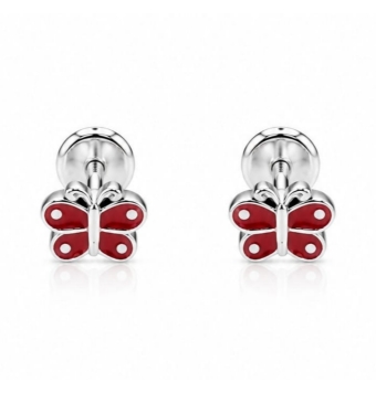 PENDIENTES NIÑA PLATA DE LEY 925 MARIPOSA ESMALTE ROJO 6 MILÍMETROS CIERRE ROSCA