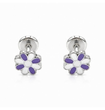 PENDIENTES NIÑA PLATA DE LEY 925 FLOR ESMALTE LILA Y BLANCO 7 MILÍMETROS CIERRE ROSCA