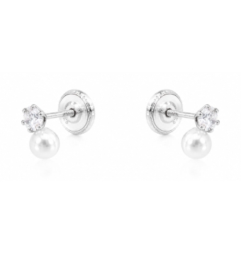 PENDIENTES NIÑA PLATA DE LEY 925 PERLA 6.5 MILÍMETROS CIRCONITA BLANCA 6 GARRAS CIERRE ROSCA