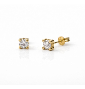 PENDIENTES NIÑA ORO AMARILLO 18 KILATES CIRCONITA BLANCA 4 MILÍMETROS CUATRO GARRAS CIERRE TORNILLO