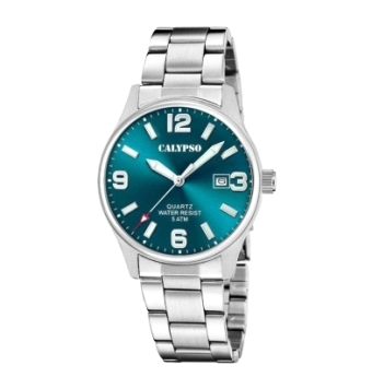 RELOJ CALYPSO HOMBRE CAJA de acero inoxidable con esfera verde petróleo caja de 39.5mm de diametro CADENA DE ACERO AJUSTABLE