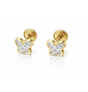PENDIENTES INFANTIL ORO AMARILLO 18 KILATES MARIPOSA CON CIRCONITAS 5X6 MILIMETROS CIERRE TORNILLO