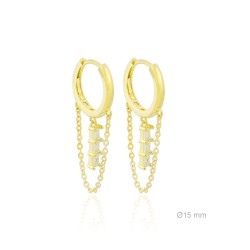PENDIENTES ARO 2X15 MILIMETROS CON CADENA Y 1 COLGANTE CON 3 PIEDRAS 2X10 MILIMETROS PLATA DE LEY CHAPADO DORADO