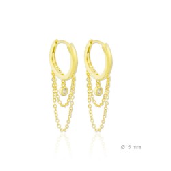 PENDIENTES ARO 2X15 MILIMETROS 2 CADENAS Y 1 COLGANTE REDONDO PLATA DE LEY CHAPADO DORADO