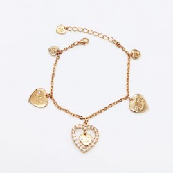 PULSERA JLO RODIO CHAPADO DORADO CON 5 COLGANTES CON FORMA DE CORAZON Y CIRCONITAS LARGO AJUSTABLE 18 3 CENTIMETROS