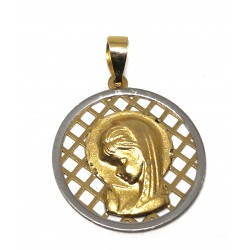 MEDALLA DE ORO VIRGEN NIÑA REDONDA BICOLOR FONDO ENREJADO 20 MILÍMETROS DE ALTO