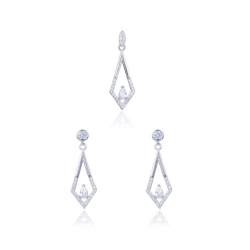 CONJUNTO PLATA DE LEY MUJER PENDIENTES Y COLGANTE LARGO FORMA ROMBO PUNTA CIRCONITAS TUERCA PRESIÓN LARGO 32 MM