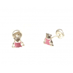 PENDIENTES PLATA FORMA DE OSO FORRADOS CON ESMALTE ROSA CIERRE TORNILLO