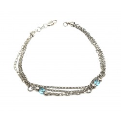 PULSERA PLATA TRIPLE CADENA BOLITAS AZULES Y PLATA LARGO 20.5 CM