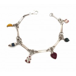 PULSERA PLATA ESLABONES ALARGADOS CINCO COLGANTES ESMALTADOS LARGO 19 CM